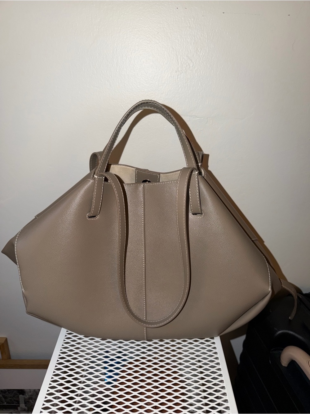 Taupe Structured Leather Tote Bag - Women's Handbag - Picture 4 of 8